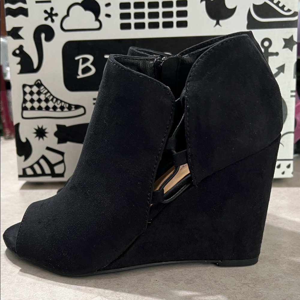 BAMBOO Black Peep-Toe Wedge Booties